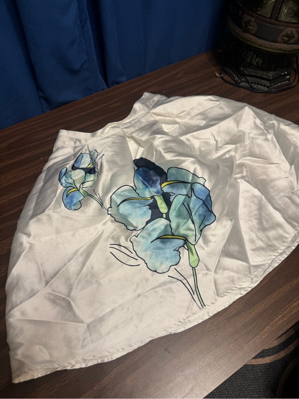 Banjul White Satin skirt with blue floral